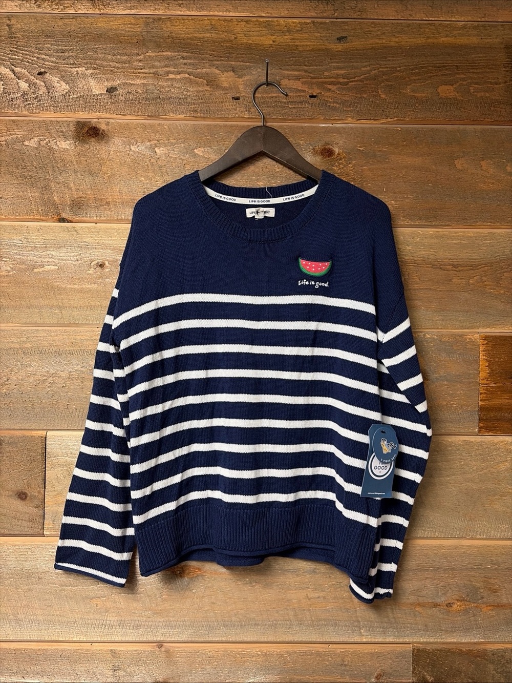 Life Is Good NWT Womens Navy Blue White Stripe Sweater Large Watermelon Resort